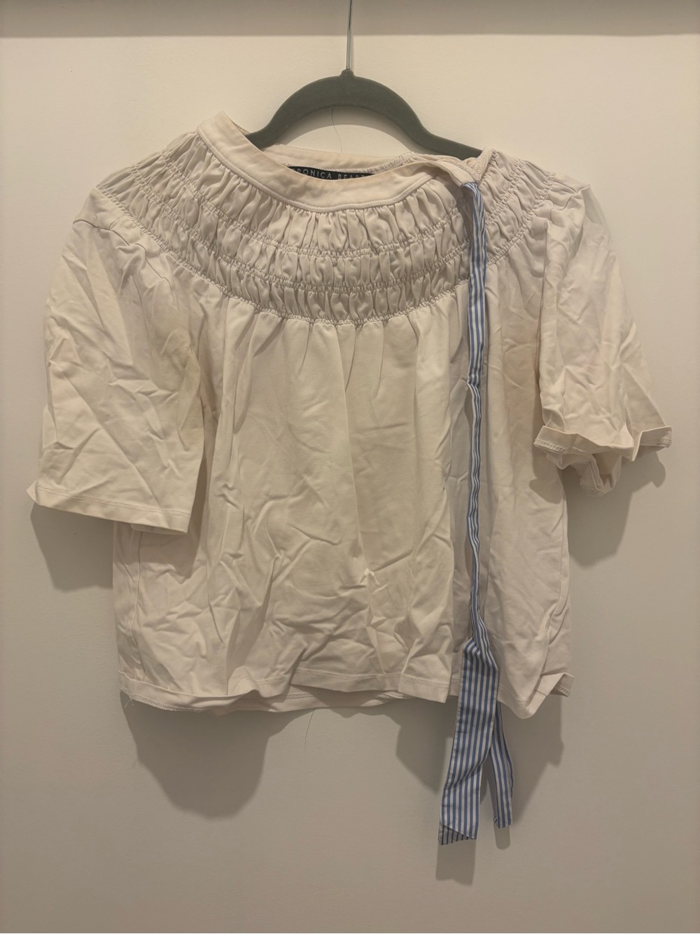 Veronica Beard Cream Smocked Off-Shoulder Top with Blue Stripe Tie